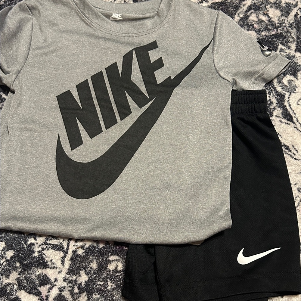 Nike Gray and Black Logo T-Shirt and Shorts Set